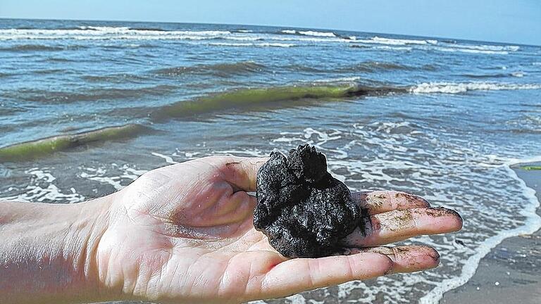 Folgen der Ölkatastrophe: Ein Mitarbeiter der National Wildlife Federation hält am 8. April 2015 auf der Isle Grande Terre (US-Staat Louisiana) am Golf von Mexiko Teerklumpen in der Hand.