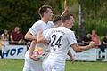Die Spieler des TSV Karlburg bejubeln das 1:1 gegen FC Fuchsstadt: (von links) Vorbreiter Kai Schlagmüller, der später den 2:1-Siegtreffer erzielen sollte, Markus Mjalov (verdeckt) und Sebastian Fries.