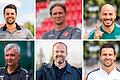 Sechs Kandidaten für den Trainer-Posten beim FC 05 Schweinfurt am Sommer 2024. Oben von links: Victor Kleinhenz, Gregor Opfermann, Adam Jabiri; unten von links:&nbsp; Claudiu Bozesan, Dieter Wirsching und Andreas Brendler.