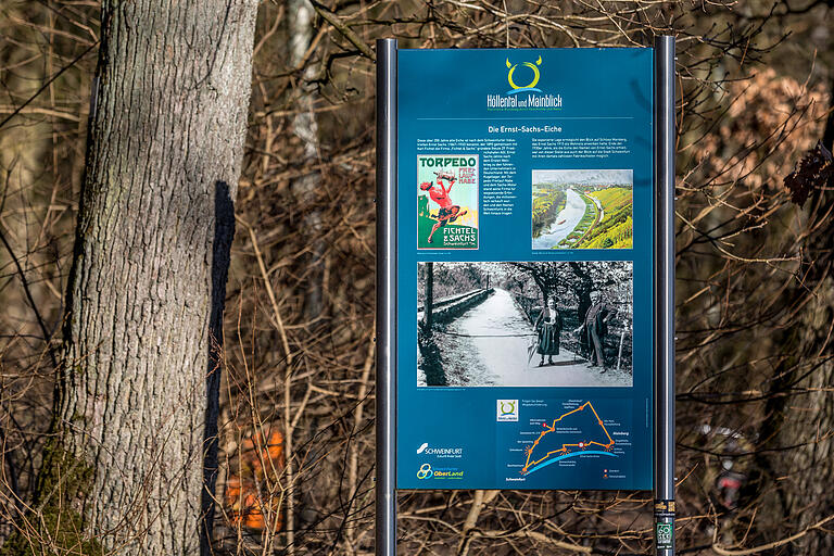 Blick auf die Info-Tafel an der Station 'Ernst-Sachs-Eiche'. Die über 200 Jahre alte Eiche ist nach dem Schweinfurter Industriellen Ernst Sachs (1867-1932) benannt. Ernst Sachs zählte nach dem Ersten Weltkrieg zu den führenden Unternehmern in Deutschland.