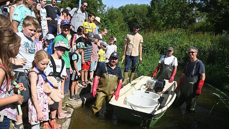 Kinder aus Randersacker durften den Fischern bei der Probebefischung des Umgehungsbachs entlang der Staustufe über die Schulter schauen, von rechts Stefan Hummel, Matthias Scheffner, Fischereifachberater Tobias Epple und Fischer Werner Strobel. Kinder aus Randersacker durften den Fischern bei der Probebefischung des Umgehungsbachs entlang der Staustufe über die Schulter schauen, von rechts Stefan Hummel, Matthias Scheffner, Fischereifachberater Tobias Epple und Fischer Werner Strobel.