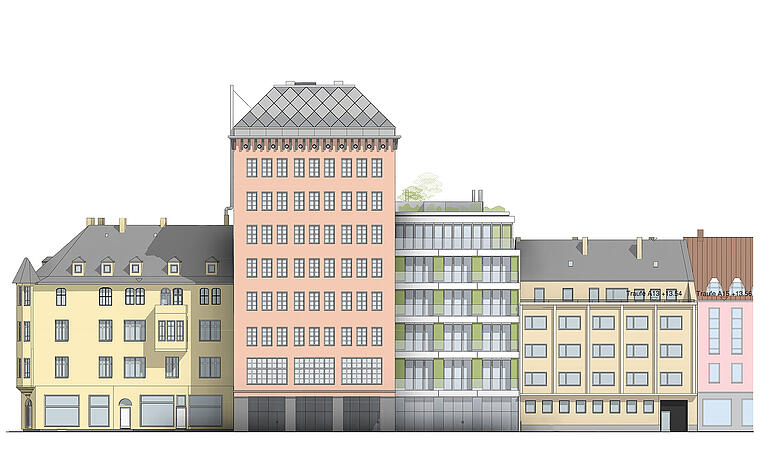 So ist die Planung: ein neues Hochhaus im alten Stil und daneben ein moderner Neubau in der Augustinerstraße.