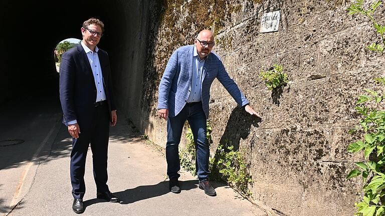 Am Bahndamm zwischen dem Ortskern und dem Sichelsgrund zeigt Reichenbergs Bürgermeister Stefan Hemmerich (rechts) dem Würzburger Klimabürgermeister Martin Heilig, wie hoch das Wasser nach dem Starkregen in der vergangenen Woche durch den Tunnel geschossen ist.&nbsp;