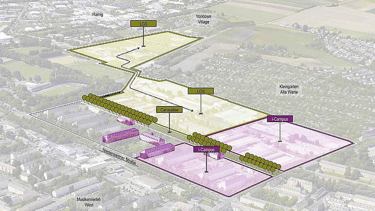 Auf dem nördlichen Teil der Ledward-Kasernen und auf dem Kessler Field soll 2026 die Landesgartenschau Schweinfurt ausgerichtet werden. Die Stadt will sich nun bewerben. Der Konzeptentwurf stammt von UmbauStadt GbR/WGF Nürnberg)