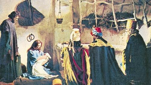 Die traditionelle Sicht: Drei Könige bringen dem Jesuskind Gold, Weihrauch und Myrrhe (aus dem Film „König der Könige“, 1961). Die traditionelle Sicht: Drei Könige bringen dem Jesuskind Gold, Weihrauch und Myrrhe (aus dem Film „König der Könige“, 1961).