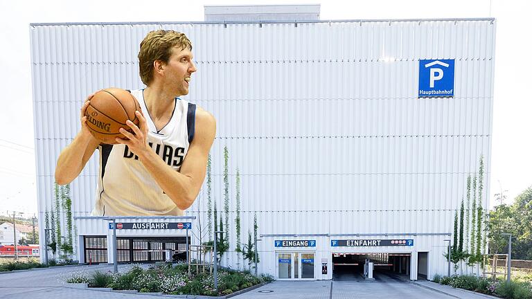 Ein aufmontiertes Foto von Dirk Nowitzki lässt erahnen, wie das Parkhaus am Würzburger Hauptbahnhof mit dem Graffitto des Sportlers aussehen könnte.