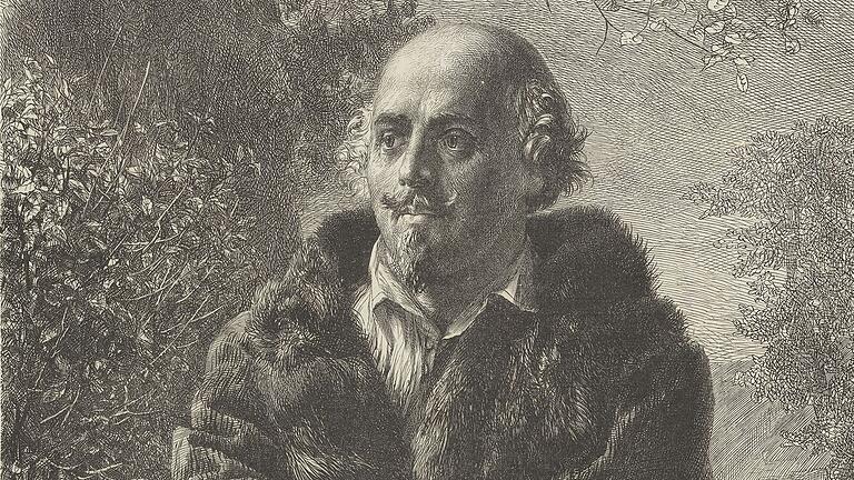 Wie William Shakespeare wirklich aussah, weiß heute niemand. Adolph von Menzel stellte ihn sich 1850 so vor (Kupferstich von Friedrich Ludwig Unzelmann, Ausschnitt).