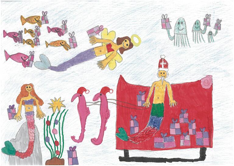Seepferdchen statt Rentiere und die Meerjungfrau trägt Engelsflügel: Paula Matilda Maier (7) aus Rieneck hat beim Mal-Wettbewerb 'Weihnachten einmal anders' gewonnen.