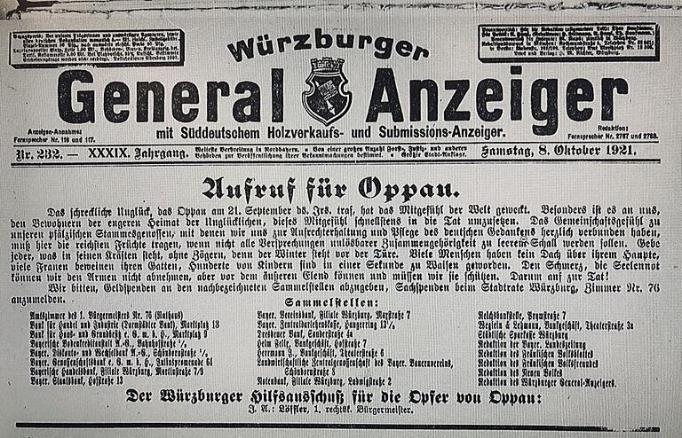 Im Würzburger Generalanzeiger gab es&nbsp; Spendenaufruf für die Hinterbliebenen der Explosion in Oppau.