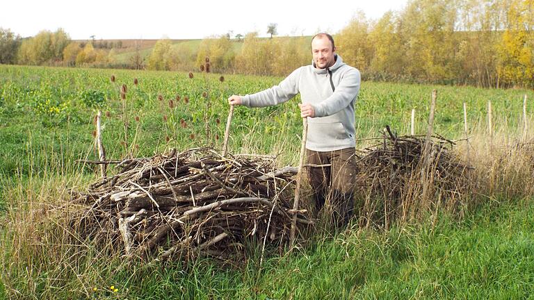 Naturschützer Frank Stierhof vor einer der Totholzhecken.