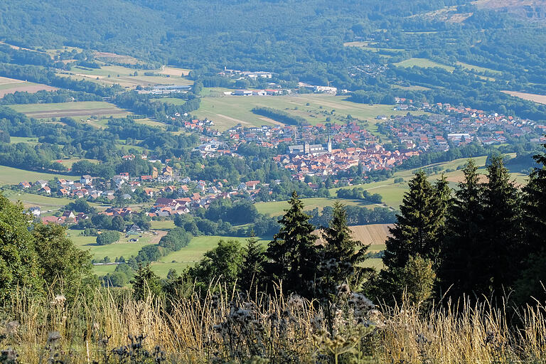 Auf dem Weg bieten sich schöne Panoramen. In der Ferne ist Bischofsheim zu sehen.