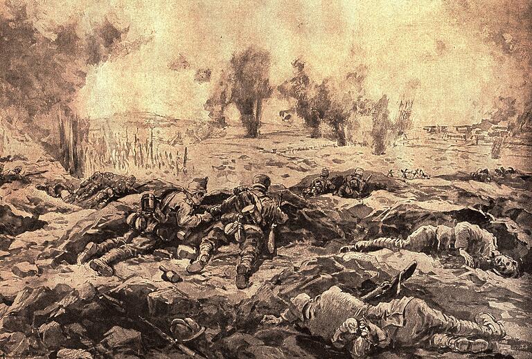 Zeichnung über Kämpfe bei Verdun, im Hintergrund rechts das Dorf Fleury. Zeichnung über Kämpfe bei Verdun, im Hintergrund rechts das Dorf Fleury.