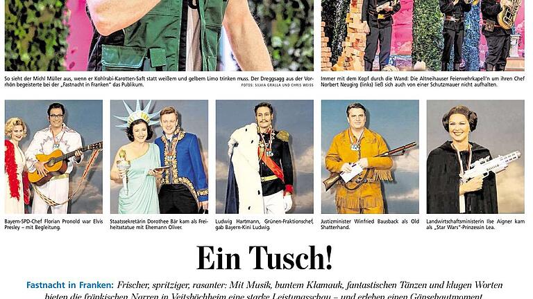 Fastnacht in Franken, Seite vom 30.1.2016       -  Das ist eine zeitlang höchstamtlich. Gleichsam Protokoll einer bayerischen Kabinettsitzung am 29. Februar 2016 in Veitshöchheim. Danach stellen sich Fragen: Wurde die Wirtschaftsministerin mit einem Bauerntrick aufs Land verschoben? Wer steckt dahinter? Die Folgen? - Gültig aber nur bis Aschermittwoch....