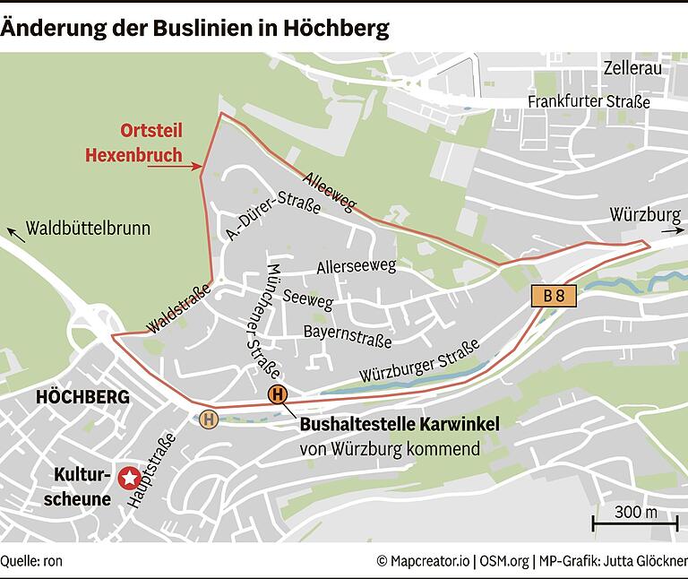 Vom Höchberger Altort führt abends seit einer Fahrplanänderung keine direkte Verbindung mehr in den hochgelegenen Ortsteil Hexenbruch. Seniorinnen und Senioren müssen entweder zur entfernten Haltestelle Karwinkel oder direkt in den Hexenbruch laufen. Vom Höchberger Altort führt abends seit einer Fahrplanänderung keine direkte Verbindung mehr in den hochgelegenen Ortsteil Hexenbruch. Seniorinnen und Senioren müssen entweder zur entfernten Haltestelle Karwinkel oder direkt in den Hexenbruch laufen.