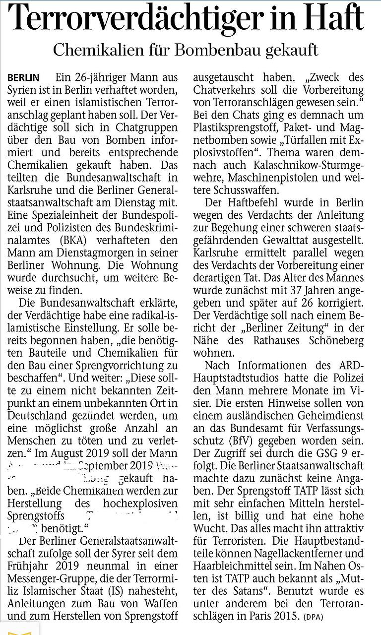 Terrorverdächtiger in Haft. Artikel aus Zeitung vom 20.11.19. Sprengstoffbestandteile in der Kopie gelöscht. Auch ohne ist die Nachricht verständlich. Terrorverdächtiger in Haft. Artikel aus Zeitung vom 20.11.19. Sprengstoffbestandteile in der Kopie gelöscht. Auch ohne ist die Nachricht verständlich.