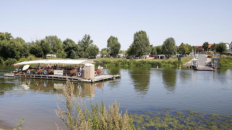 Auf dem Altmain geht es mitunter eng zu, wenn Floßfahrer, Badende, Kanu-Fahrer und Fähren aufeinander treffen. Das Bild zeigt ein Floß und die Fähre bei Escherndorf/Nordheim.