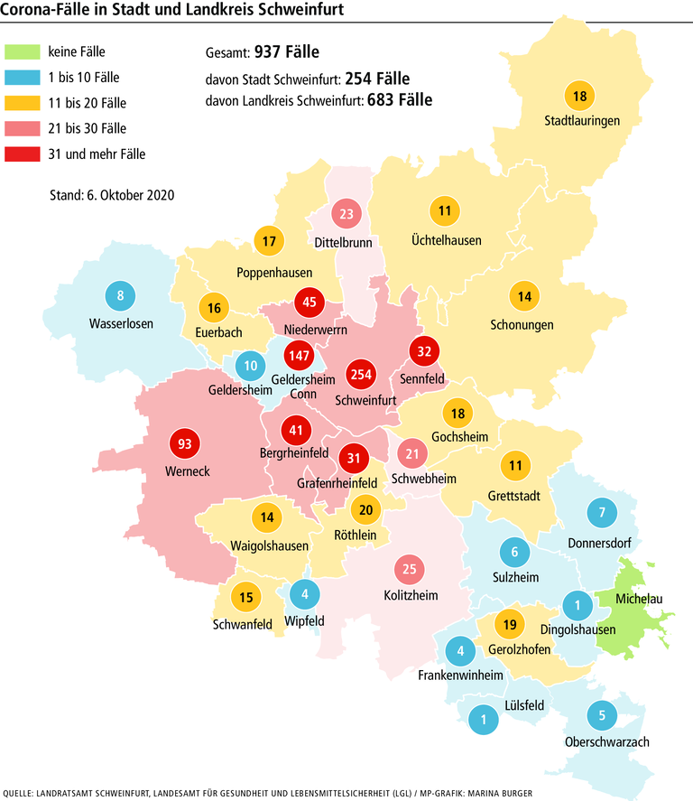 Karte: So entwickeln sich die Corona-Zahlen im Landkreis Schweinfurt Karte: So entwickeln sich die Corona-Zahlen im Landkreis Schweinfurt