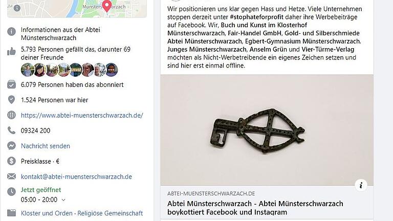 So erklärt die Abtei Münsterschwarzach auf ihrer Facebook-Seite den 'Kurzboykott' des sozialen Netzwerks.