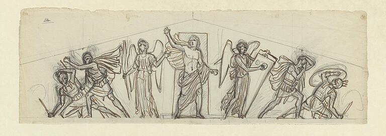 Martin von Wagner, der auferstandene Christus, Entwurf von 1818 für den Giebelfries der Münchner Apostelkirche, die aber nie gebaut wurde. Martin von Wagner, der auferstandene Christus, Entwurf von 1818 für den Giebelfries der Münchner Apostelkirche, die aber nie gebaut wurde. 