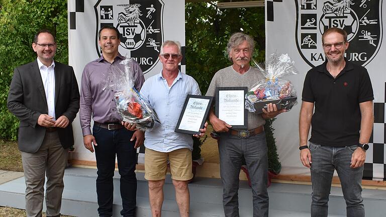 TSV-Ehrenmitglieder aufgrund herausragender Verdienste (von links): Bürgermeister Michael Hombach, erster Vorsitzender Dr. Michael Rösch, Friedrich Gold, Gerhard Völker, zweiter Vorsitzender Sebastian Kühl.