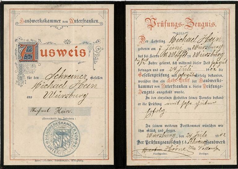 Der Gesellenbrief von Michael Hein, ausgestellt am 24. Juli 1902. 19 Jahre später ist er einer der Gründer der heutigen Schreinerei Hein. Der Gesellenbrief von Michael Hein, ausgestellt am 24. Juli 1902. 19 Jahre später ist er einer der Gründer der heutigen Schreinerei Hein.