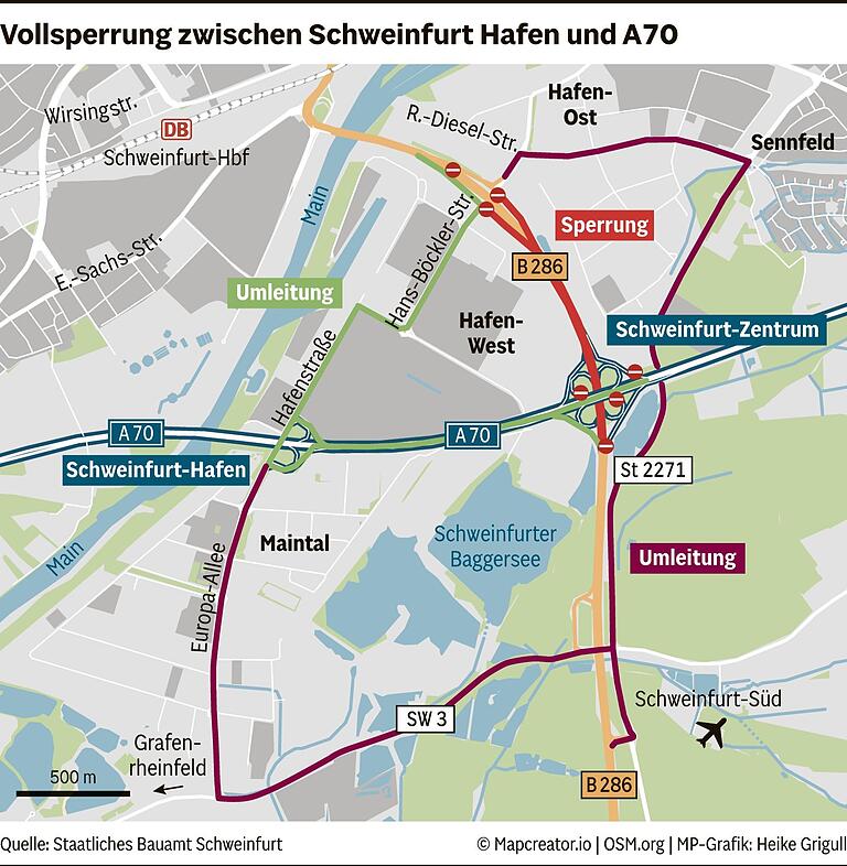 Ab 1. Juli wird die B286 nach der Hahnenhügelbrücke in Schweinfurt gesperrt: Was Sie jetzt wissen müssen