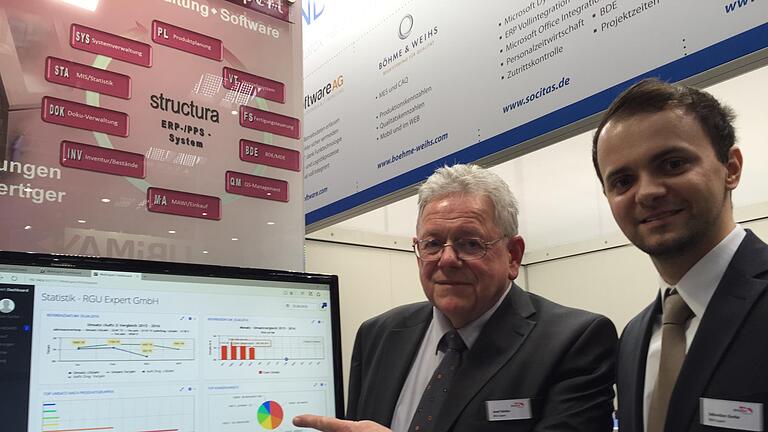 Hannover Messe: Alles dreht sich um Daten - Sebastian Gorke (rechts) und Josef Köstler stellen auf der Messe die Software der RGU Expert GmbH aus Würzburg vor, mit der Produktionsdaten über den ganzen Prozess hinweg beobachtet werden können. Hannover Messe: Alles dreht sich um Daten - Sebastian Gorke (rechts) und Josef Köstler stellen auf der Messe die Software der RGU Expert GmbH aus Würzburg vor, mit der Produktionsdaten über den ganzen Prozess hinweg beobachtet werden können.