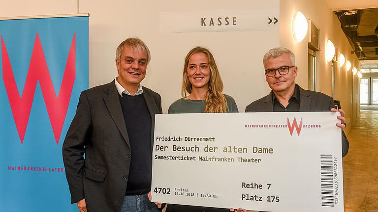 Offizieller Start des Semestertickets für das Mainfranken Theater Würzburg: Ab dem Wintersemester zahlen Studenten zwei Euro pro Person und haben dann freien Eintritt. Dirk Terwey (links) und Markus Trabusch vom Theater übergeben eine symbolische Eintrittskarte an Constanze Ludewig, Studentin für das Lehramt Gymnasium Englisch und Spanisch. Foto: Thomas Obermeier