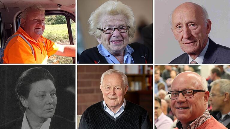 Einige der Main-Spessarter Persönlichkeiten, die 2024 gestorben sind (von links): Toni Weis, Ruth Westheimer, Werner Dieter, Gabriele Wittek, Armin Grein, Franz Schüßler.