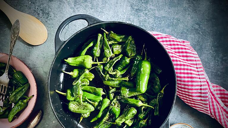 Pimientos de Padrón mit Olivenöl und Meersalz - Die kleinen Schoten, die traditionell in der Umgebung des Ortes Padrón in Galicien angebaut werden, schmecken in ihrer einfachsten Zubereitungsart: gebraten in Olivenöl und anschließend mit Meersalz bestreut. Pimientos de Padrón mit Olivenöl und Meersalz - Die kleinen Schoten, die traditionell in der Umgebung des Ortes Padrón in Galicien angebaut werden, schmecken in ihrer einfachsten Zubereitungsart: gebraten in Olivenöl und anschließend mit Meersalz bestreut.