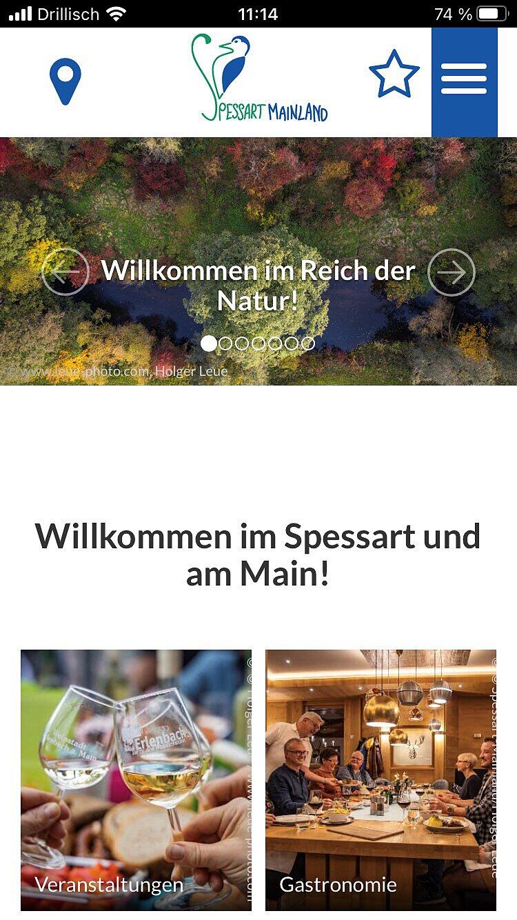 Die Ansicht der neuen progressiven Web-App des Tourismusverbands Spessart-Mainland für Smartphone und Tablet.