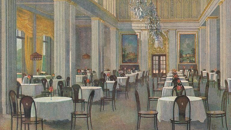 Eine Postkarte aus dem Jahr 1913 zeigt das 'Kurhaus Restaurant' in Bad Kissingen mit den Kohn'schen Bugholzstühlen.