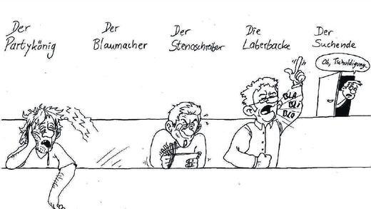 Ein bunter Haufen: vom Partykönig über den Stenoschreiber bis hin zur Laberbacke. An der Uni gibt es viele verschiedene Typen.