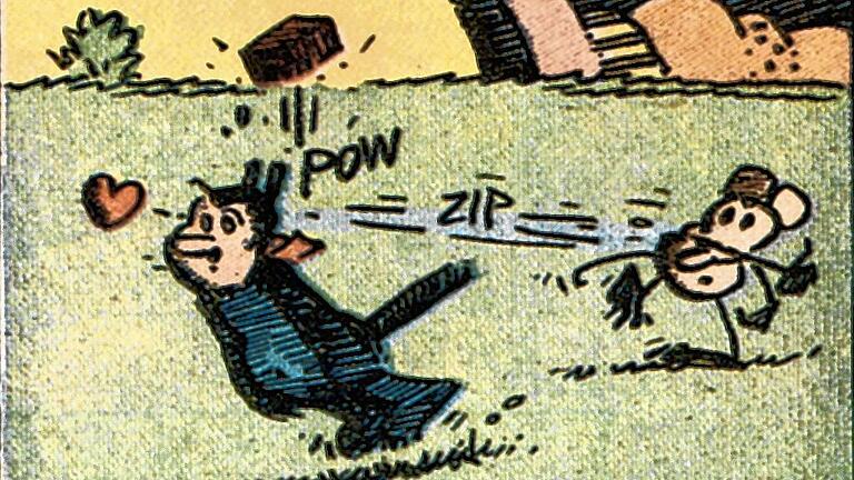 George Herrimans in eine Maus verliebte „Krazy Kat“, hier ein Detail, erschien ab 1913. George Herrimans in eine Maus verliebte „Krazy Kat“, hier ein Detail, erschien ab 1913.