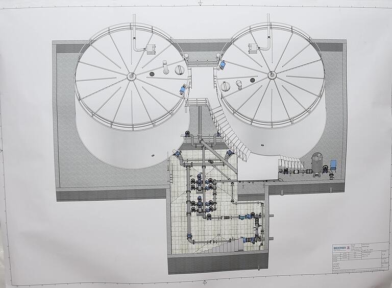 Der Plan zeigt die neuen Edelstahltanks des Hochbehälters. Der Plan zeigt die neuen Edelstahltanks des Hochbehälters.
