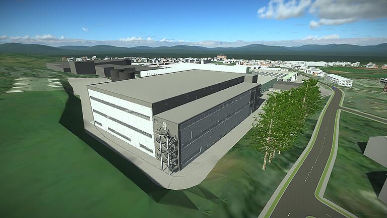 Die Gebäudesimulation zeigt die Größenordnung der neuen Produktionshalle. Rechts die aus der Stadt zum Krankenhaus führende Baumhofstraße. Die Gebäudesimulation zeigt die Größenordnung der neuen Produktionshalle. Rechts die aus der Stadt zum Krankenhaus führende Baumhofstraße.