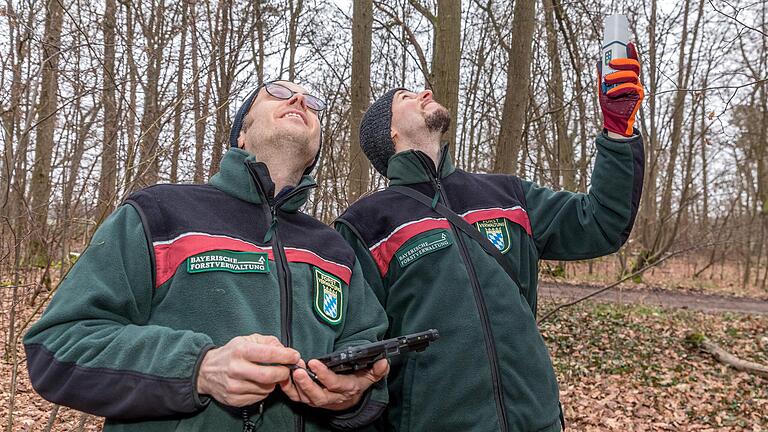 Hiller und Thumm (rechts) nutzen das Toughbook und eine portable Antenne, um den genauen Standort eines Biotopbaumes zu lokalisieren. Hiller und Thumm (rechts) nutzen das Toughbook und eine portable Antenne, um den genauen Standort eines Biotopbaumes zu lokalisieren.