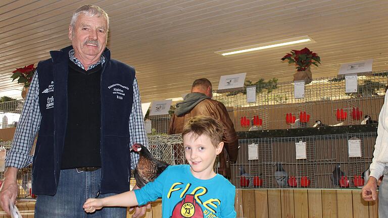 Wenn der Opa Tauben, Enten und Kaninchen züchtet, hat der Enkel auch keine Berührungsängste. Hier hält Sebastian Schneidawind ein Zwerghuhn auf dem Arm. Zusammen mit Opa Hubert bestaunt er bei der Vereinsschau Kaninchen, Enten, Gänse, Hühner und Tauben.
