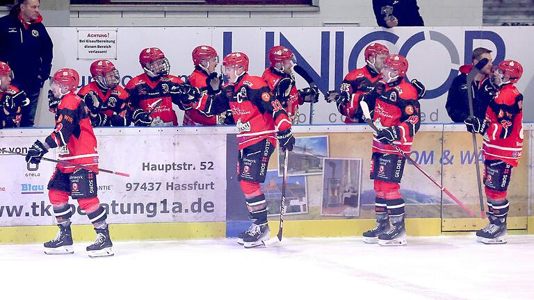 Öfter als die Pegnitzer Ice Dogs möchten die Haßfurt Hawks (vorne von links Michael Stach, Tomas Pribyl, Josef Dana und Dominik Soukup) in den beiden Viertelfinal-Play-offs nach einem Treffer an der Auswechselbank vorbeifahren und sich mit ihren Teamkollegen gegenseitig abklatschen. Öfter als die Pegnitzer Ice Dogs möchten die Haßfurt Hawks (vorne von links Michael Stach, Tomas Pribyl, Josef Dana und Dominik Soukup) in den beiden Viertelfinal-Play-offs nach einem Treffer an der Auswechselbank vorbeifahren und sich mit ihren Teamkollegen gegenseitig abklatschen.