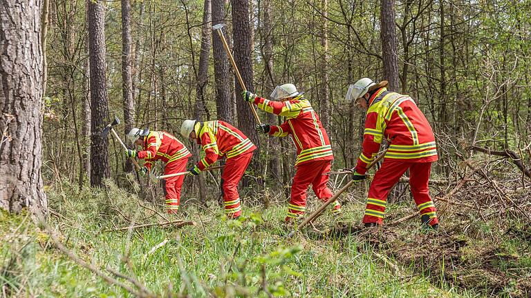 Großeinsatz im Wald: Mit vereinten Kräften rückten Feuerwehrleute aus 16 Orten gegen einen simulierten Brand im Klosterforst bei Hörblach vor, hier mit Anlegen sogenannter Wundstreifen.