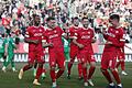 Die Kickers-Akteure (von links) Saliou Sané, Torschütze Marius Wegmann, Peter Kurzweg, Dominik Meisel, Vorbereiter Fabian Wessig und Dardan Karimani bejubeln den dritten Würzburger Treffer beim 4:0 gegen die SpVgg Ansbach.