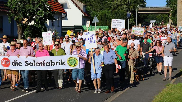 Rund 500 Wiesentheider hatten im Juni 2019 gegen den Bau einer großen Salatzucht demonstriert. Rund 500 Wiesentheider hatten im Juni 2019 gegen den Bau einer großen Salatzucht demonstriert.