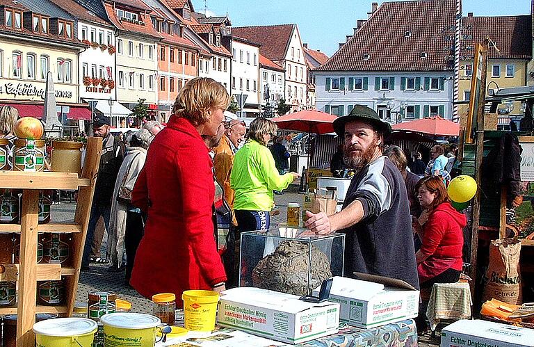 Bienen- und Wespenberater Klaus Hümpfer ist auf Märkten als Ansprechpartner gefragt, hier auf einem Markt in Bad Königshofen (Archivbild).