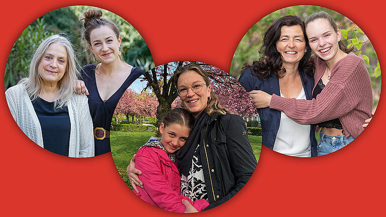 Danke, Mama! Im Interview sprechen drei Mütter und Töchter aus der Region Würzburg über ihre Zuneigung zueinander. Links: Brigitte Obermeier zusammen mit ihrer Tochter Mascha. Mitte: Hanna Loncar und ihre Tochter Mia. Rechts: Christine Haupt-Kreutzer mit ihrer Tochter Lea.