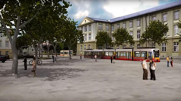 Die neue Linie 6 am Wittelsbacher Platz. Screenshot aus einem WVV-Animationsfilm aus dem Jahr 2011.