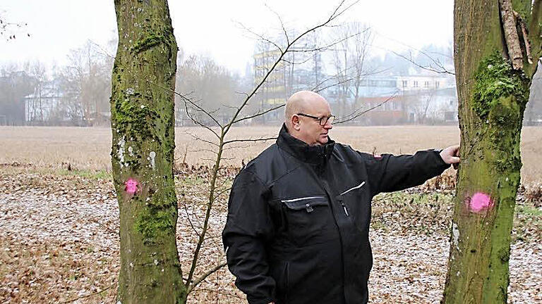 Klaus Schebler zeigt die Bäume auf dem Hochwasserdamm, die gefällt werden. Auf den Feld dahinter soll das neue Feuerwehrgerätehaus entstehen. Aber dazu haben Klaus Schenbler und Fabian Nöth von Neue Wege noch einige Fragen. Foto: Thomas Malz - Klaus Schebler zeigt die Bäume auf dem Hochwasserdamm, die gefällt werden. Auf den Feld dahinter soll das neue Feuerwehrgerätehaus entstehen. Aber dazu haben Klaus Schenbler und Fabian Nöth von Neue Wege noch einige Fragen. Foto: Thomas Malz Klaus Schebler zeigt die Bäume auf dem Hochwasserdamm, die gefällt werden. Auf den Feld dahinter soll das neue Feuerwehrgerätehaus entstehen. Aber dazu haben Klaus Schenbler und Fabian Nöth von Neue Wege noch einige Fragen. Foto: Thomas Malz - Klaus Schebler zeigt die Bäume auf dem Hochwasserdamm, die gefällt werden. Auf den Feld dahinter soll das neue Feuerwehrgerätehaus entstehen. Aber dazu haben Klaus Schenbler und Fabian Nöth von Neue Wege noch einige Fragen. Foto: Thomas Malz