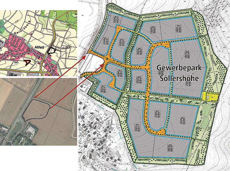 An der Zufahrt zum Gewerbepark Söllershöhe in Altfeld soll ein Einkaufszentrum mit Einzelhandel, Bäckerei und Metzger entstehen. Die Verkaufsfläche soll 1200 Quadratmeter betragen.