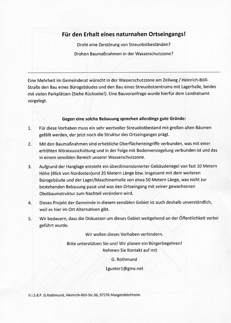 Dieses Flugblatt sorgt für Furore im Gemeinderat. Es kritisiert mögliche Bauvorhaben an der Einfahrt Zeilweg.