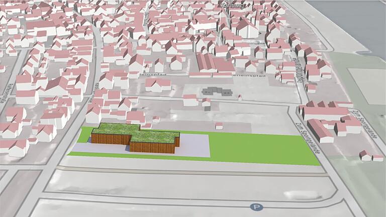 Dieses Modell zeigt schematisch den Standort eines möglichen Grundschulneubaus in Karlburg. Links verläuft die Karolingerstraße. Rechts die Karolingerhalle und der Main.&nbsp;