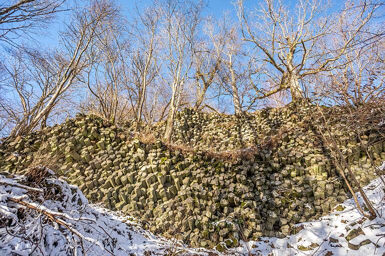 Höhepunkt auf dem Waldlehrpfad: Die Basaltprismen türmen sich fast sieben Meter in die Höhe. Die gestapelten Basaltsäulen in der Wand haben einen Durchmesser von 30 bis 40 Zentimetern .